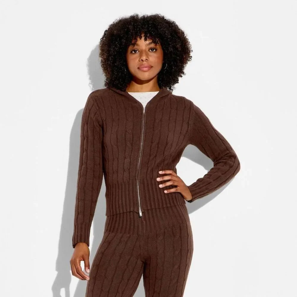 Open Box - Wild Fable - Women's Cable Zip Hoodie Cardigan - Wild Fable Bro Brown - Picture 2 of 3